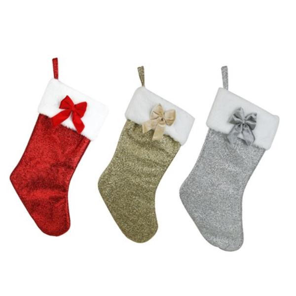 Christmas Glitter Stocking With Bow - Assorted