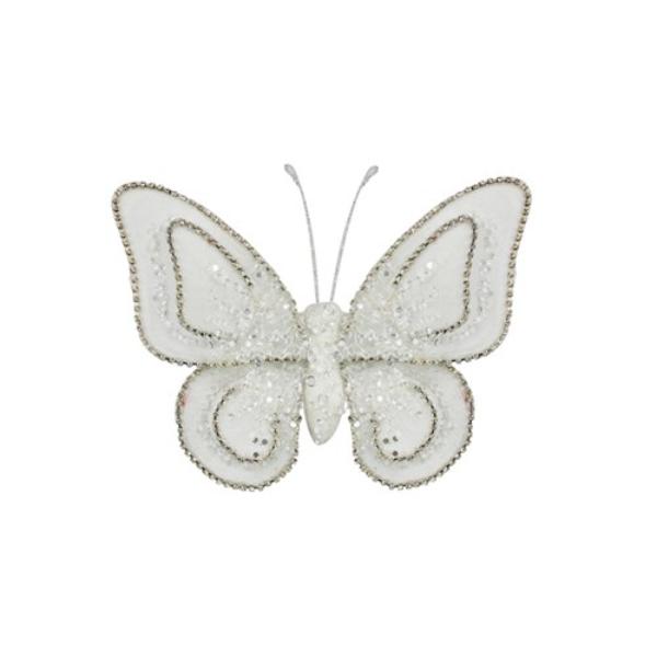 White & Silver Velvet Butterfly With Clip - 20cm