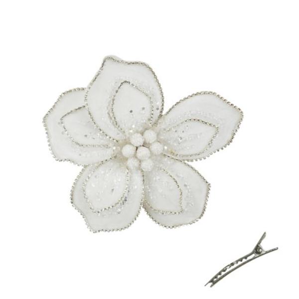 White & Silver Velvet Flower With Clip - 18cm