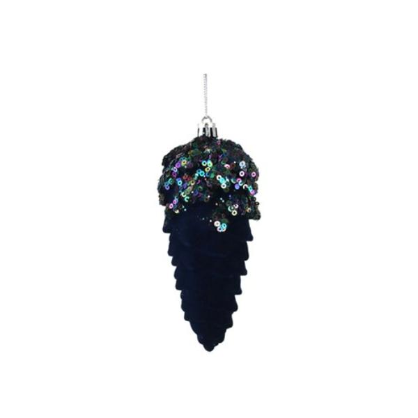 Navy Flocked Pinecone Tree Deco - 13.5cm