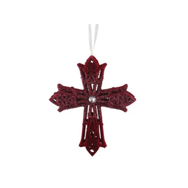 Burgundy Hanging Flocked Crucifix - 12cm