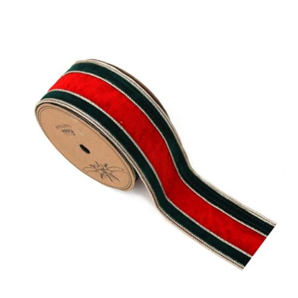 Red & Green Velvet Ribbon With Wire Edge - 6.3cm x 5m
