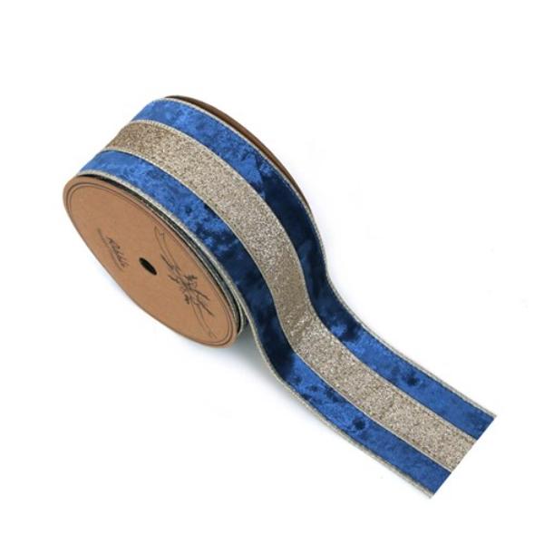 Blue & Champagne Velvet Ribbon With Wire Edge - 6.3cm x 5m