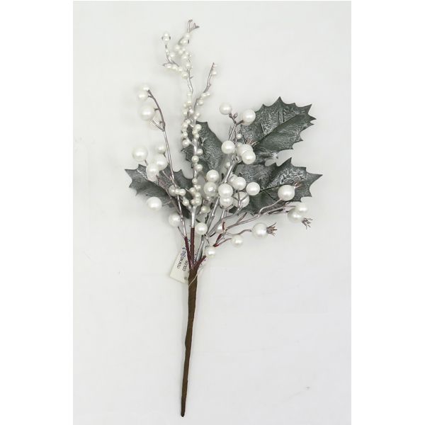 Christmas White Berry Pick With Holly Leaves - 20cm x 38cm