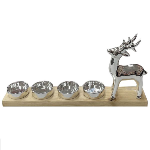 Porcelain Deer With Wooden Base Candle Holder - 34cm x 6cm x 15.5cm