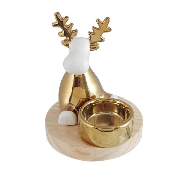Porcelain Deer With Wooden Base Candle Holder - 11cm x 11cm x 11.6cm