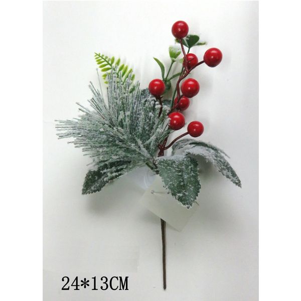 Christmas Snowy Berry Pick With Leaves - 13cm x 24cm