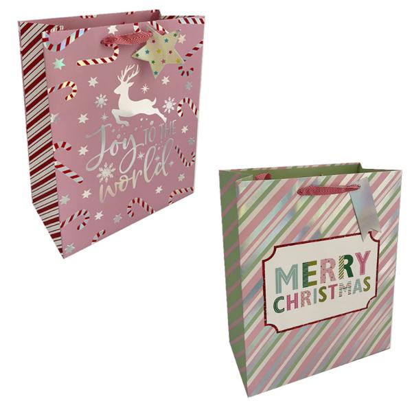 Christmas Pink Stripes Gift Bag - 23cm x 18cm x 10cm