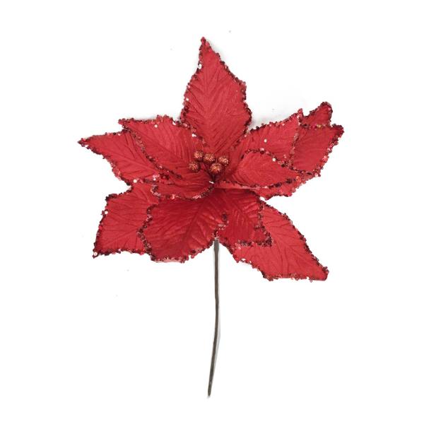 Red Xmas Flower With Sequin Edge - 31cm