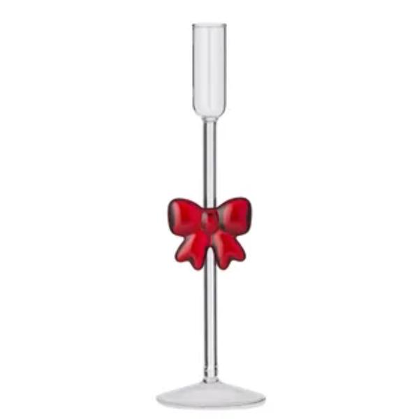 Red Bow Glass Candleholder - 28cm