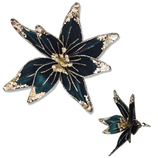 Velvet Emerald Glitter Flower - 19cm