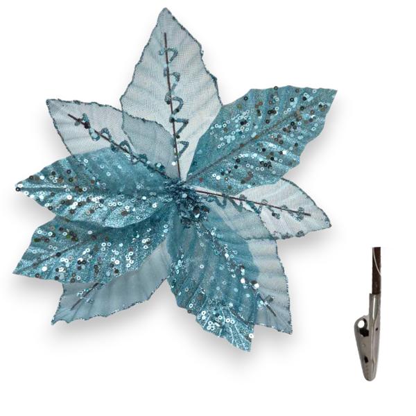 Light Blue Sequins Xmas Flower With Clip