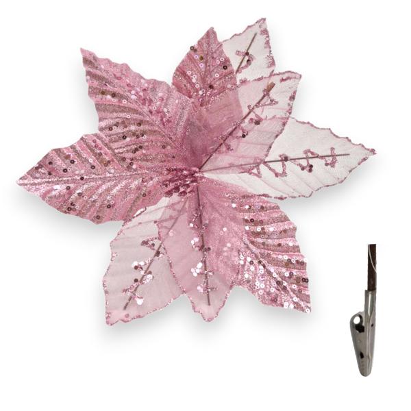 Pink Sequins Xmas Flower With Clip