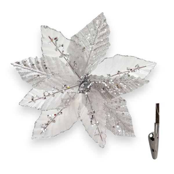 Silver Sequins Xmas Flower With Clip