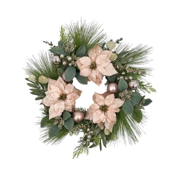 Small Christmas Pink Poinsettia Pine & Berry Wreath - 56cm