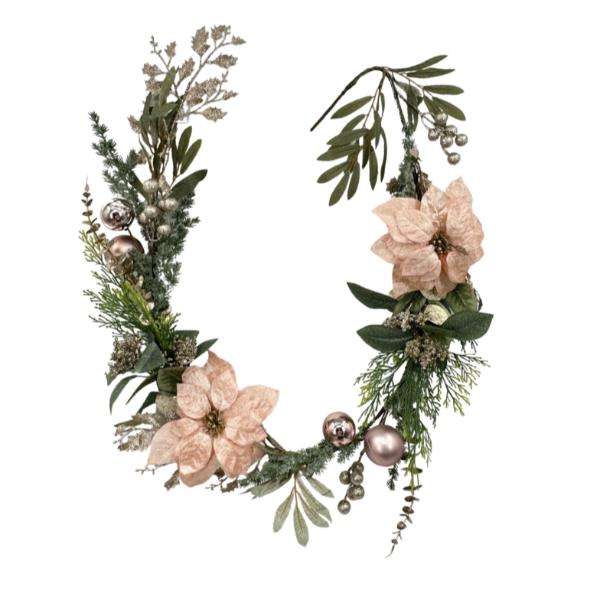 Christmas Pink Poinsettia Pine & Berry Garland - 150cm