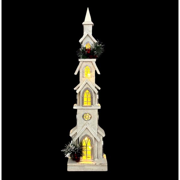 Wooden Led Light Up Church - 17cm x 11cm x 75cm