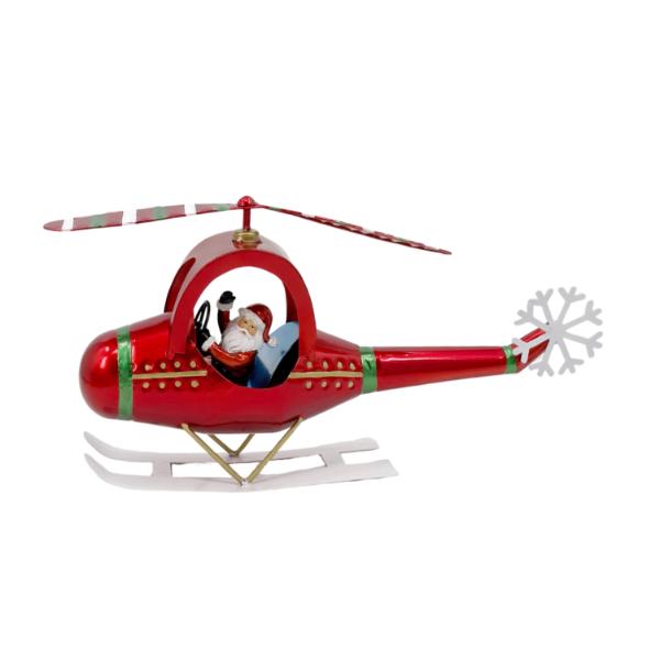 Christmas Red Metal Santa In Helicopter - 44.5cm x 10cm x 22cm