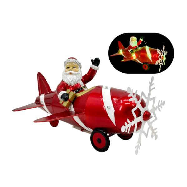 Christmas Red Metal Led Light Up Santa In Plane - 34.5cm x 24.5cm x 18cm