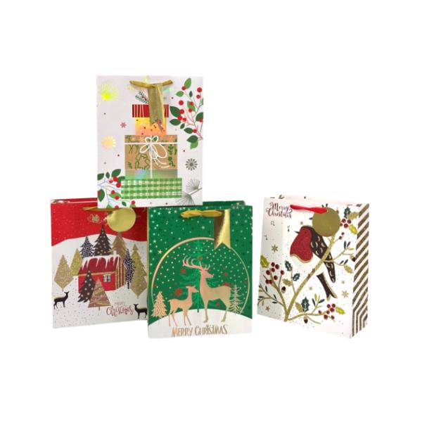 FOILED TRADITIONAL XMAS BAG SML 14.2X11.3X6.5CM 4 ASST