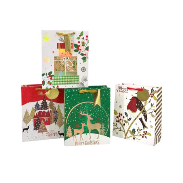 FOILED TRADITIONAL XMAS BAG LRG 32X26X12CM 4 ASST