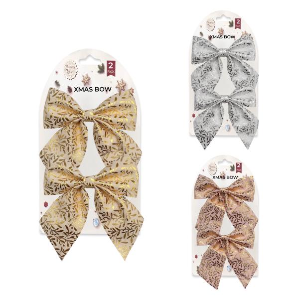XMAS BOW FOILED MEDIUM PK2 13X14CM 3 ASST