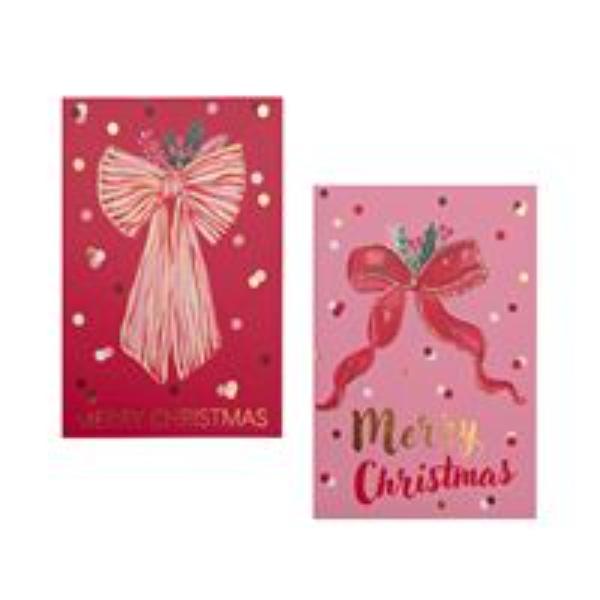 8 Pack Red Bow Foiled Christmas Cards - Assorted