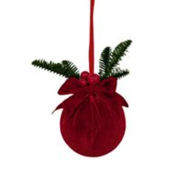 Xmas Red Velvet Bauble With Ornament - 15cm