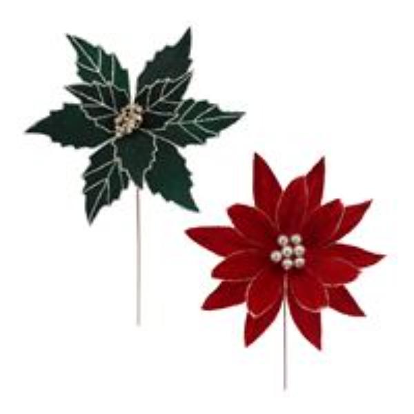 Red Or Green Poinsettia Pick With Gold Piping - 30cm