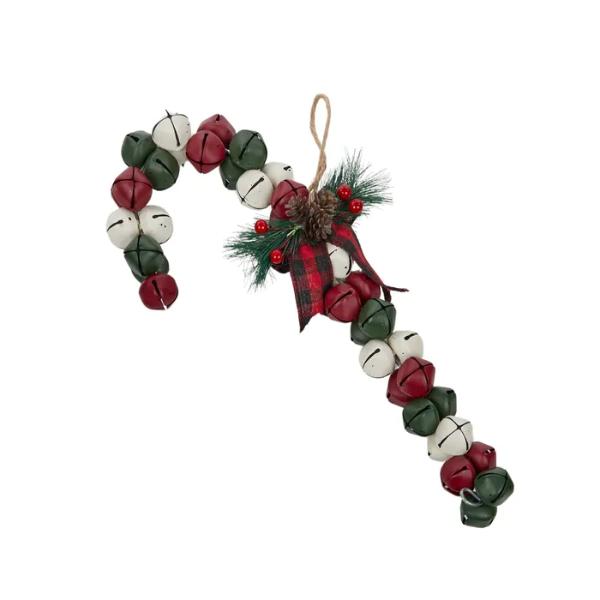 Red / White & Green Hanging Bell Cane Ornament - 41cm x 18cm