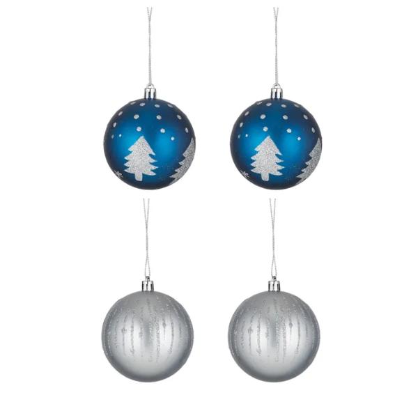 4 Pack Blue & Silver Plastic Baubles - 8cm