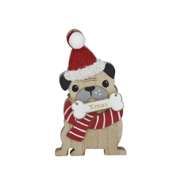 Natural Wooden Christmas Dog With Hat - 11cm x 19cm