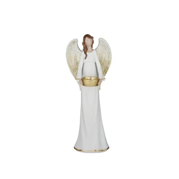 White & Gold Polyresin Angel With Bowl - 14cm x 35cm