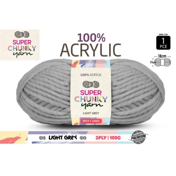 Light Grey Chunky 100% Acrylic 3 Ply Yarn - 100g