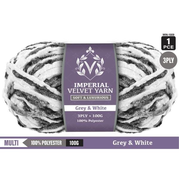 Imperial Velvet Grey & White 100% Polyester 3Ply Yarn - 100g