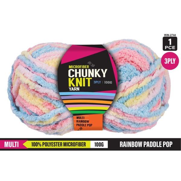 Multi Rainbow Paddle Pop Microfibre Chunky 3Ply Knit Yarn - 100g