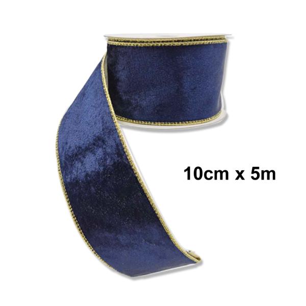 Blue Velvet Ribbon With Gold Trim - 10cm x 5m