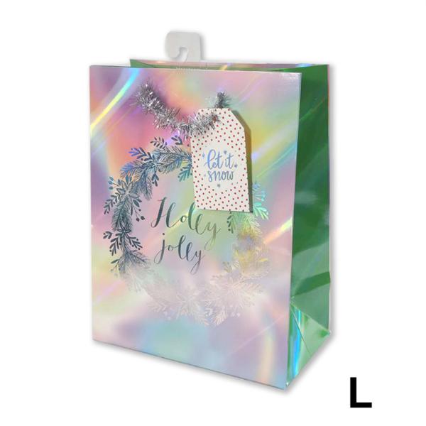 Large Holographic Holly Gift Bag - 26x32x10cm