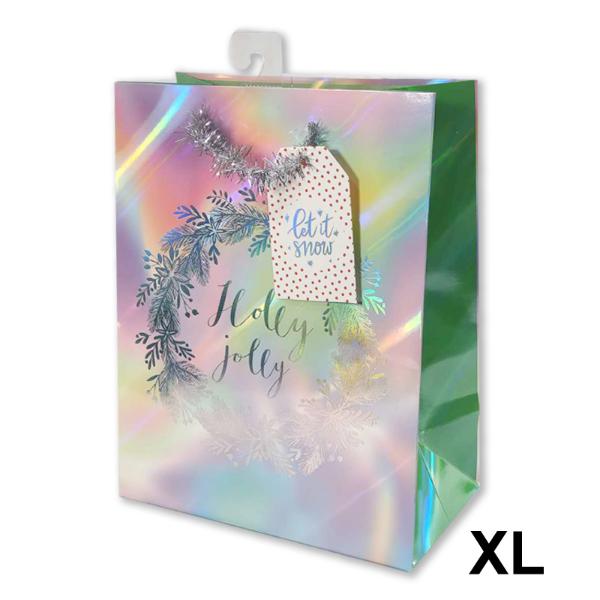 XLarge Holographic Holly Gift Bag - 33x45x12cm