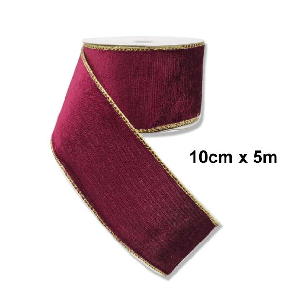 Burgundy Velvet Ribbon With Gold Trim - 10cm x 5m