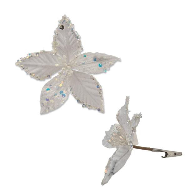 White Xmas Flower Clip - 15cm
