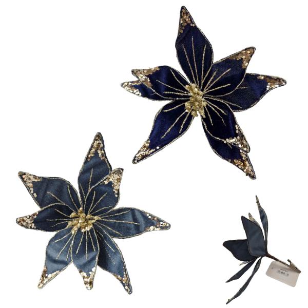Velvet Blue Glitter Flower - 19cm