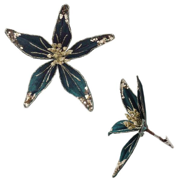 Velvet Emerald Glitter Flower - 15cm