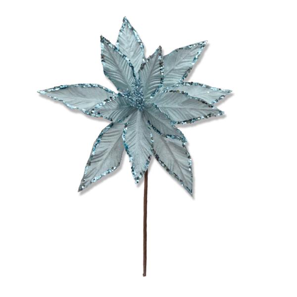 Light Blue With Sequin Trim Xmas Flower - 30cm