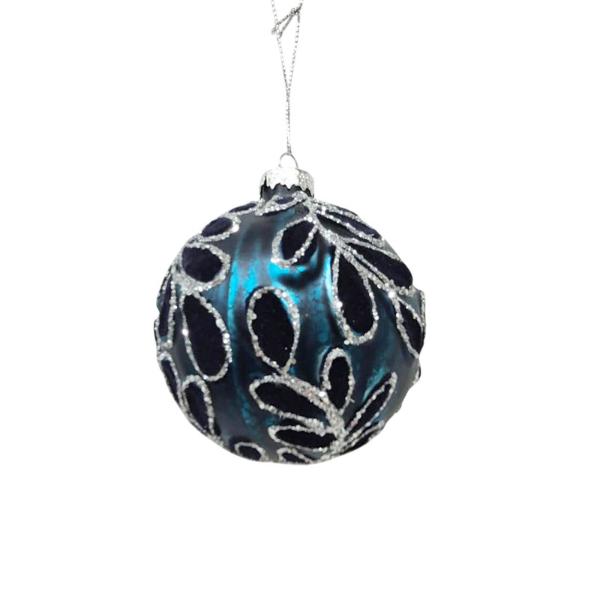 Blue Floral Pattern Glass Bauble - 8cm