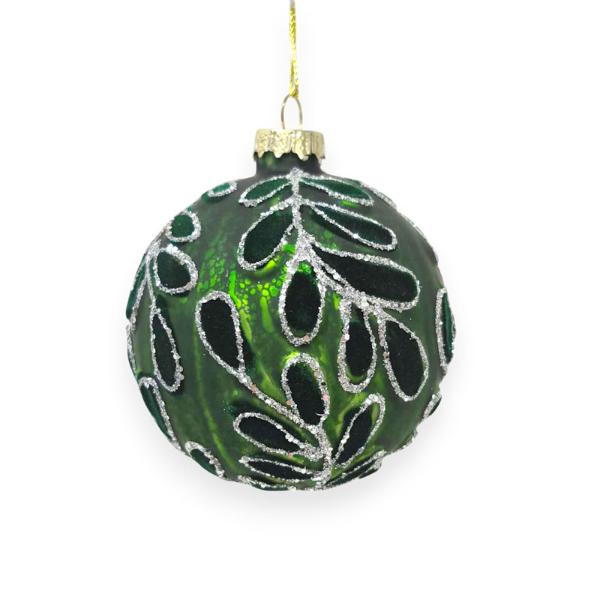 Green Floral Pattern Glass Bauble - 8cm