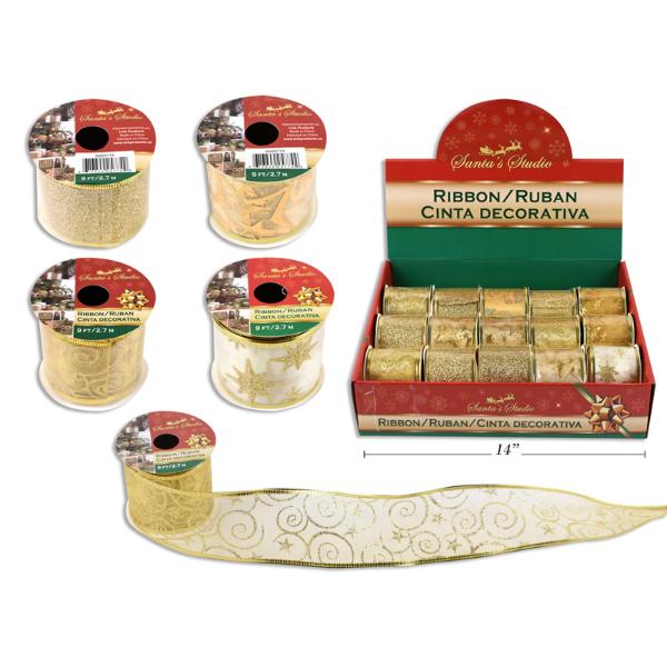 Assorted Gold Xmas Wired Ribbon - 3 Yards