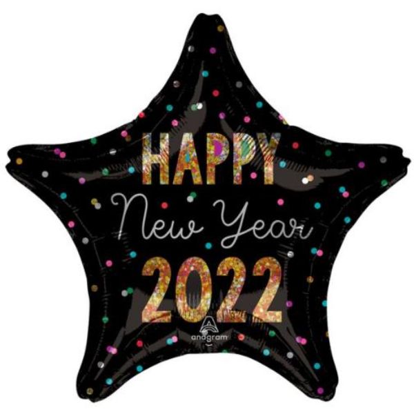 Happy New Year 2022 Glitter Star Foil Balloon - 45cm