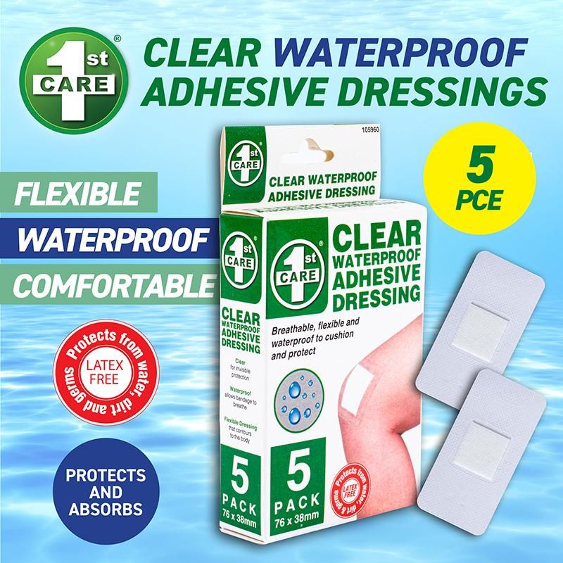 5 Pack Clear Waterproof Adhesive Dressings - 76mm x 38mm