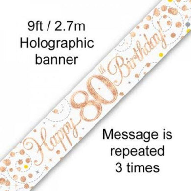 Sparkling Fizz Rose Gold 80th Birthday Banner - 2.7m - The Base Warehouse